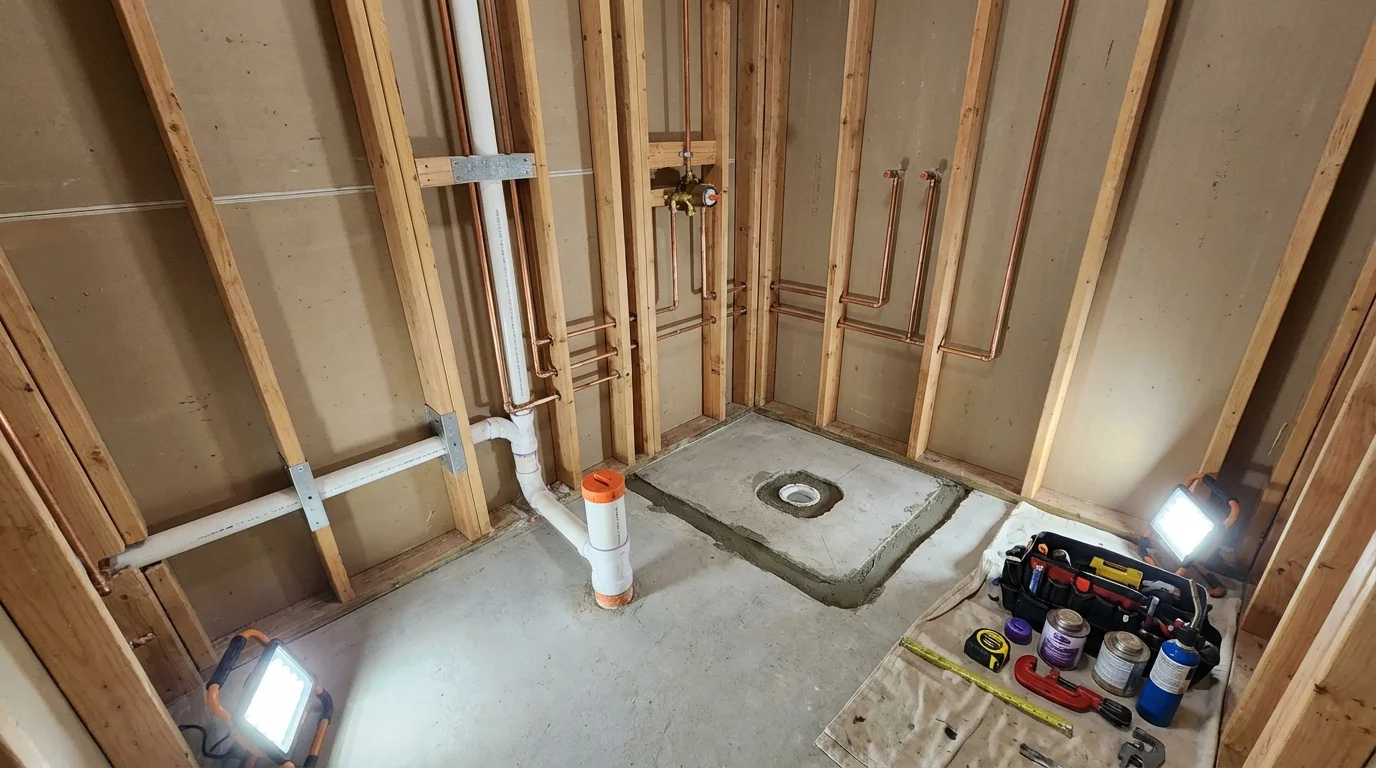 Bathroom rough-in plumbing during remodel by Johns Plumbing LLC in Port Republic