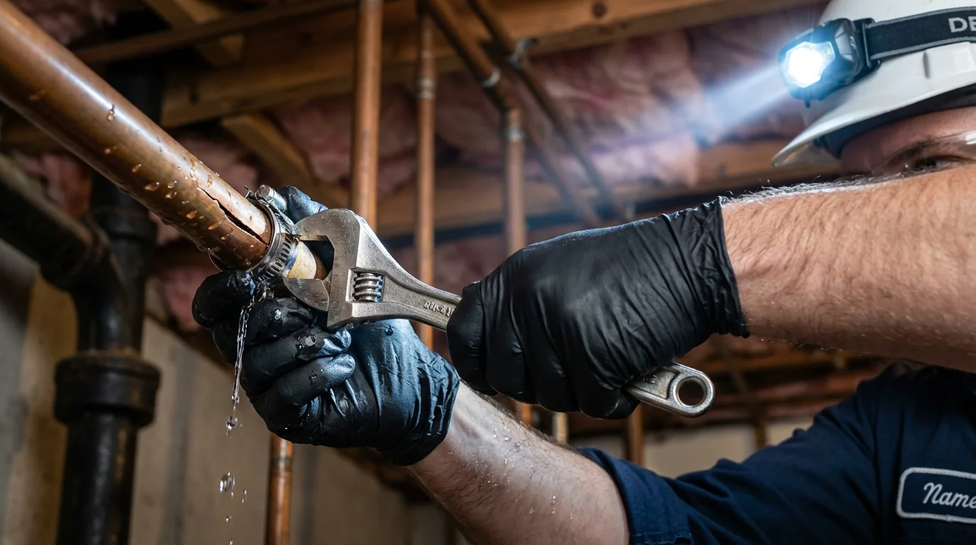 Emergency pipe clamp repair being performed by a Johns Plumbing LLC plumber in Port Republic
