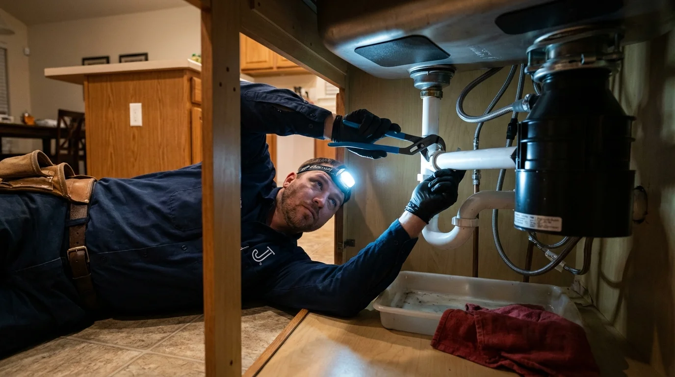 P-trap and supply line connections under a kitchen sink showing a common leak point in Port Republic, NJ